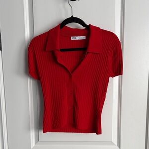 Zara Women's Red Button Down Ribbed Shirt